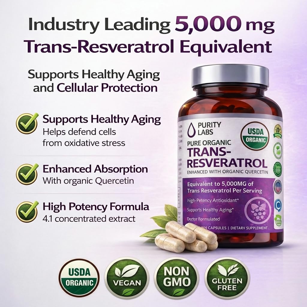 Purity Labs Trans-Resveratrol capsules showing vegan formulation