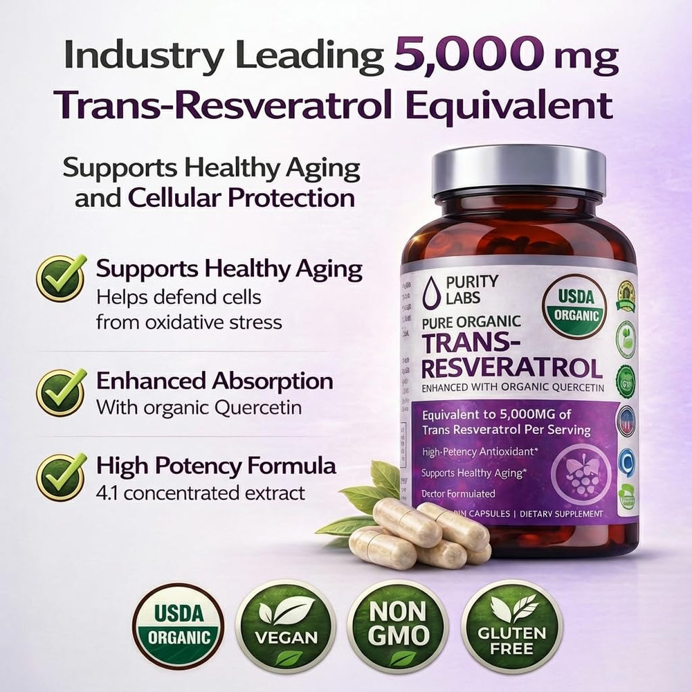 Purity Labs Trans-Resveratrol capsules showing vegan formulation
