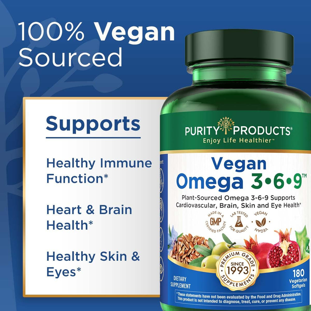 Purity Omega 3-6-9 bottle with olive oil visuals highlighting diverse EFAs