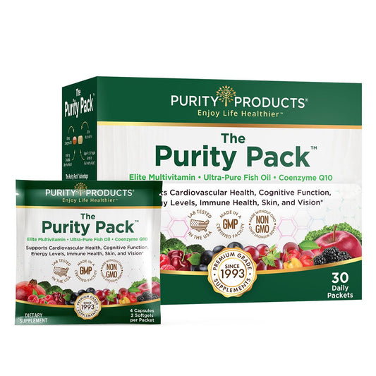 Purity Pack Elite Multi Super Greens capsules in blister pack supporting daily energy and immunity.
