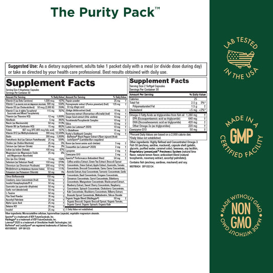 Purity Pack Fish Oil CoQ10 softgels bottle highlighting omega-3 for heart and joints.