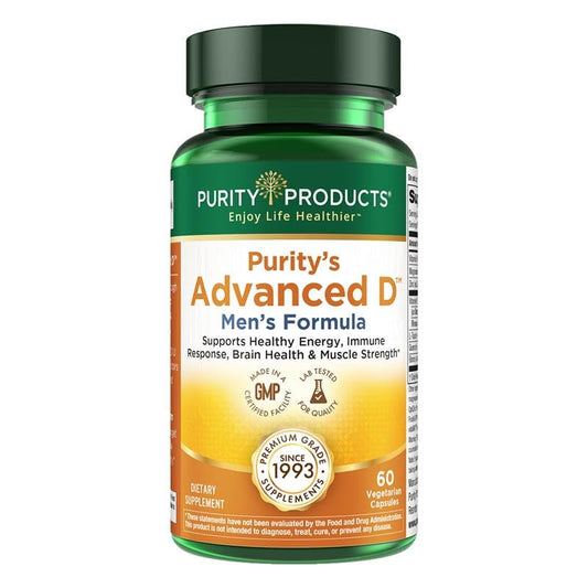Purity Products Advanced D Men’s Formula bottle for daily bone and muscle health.