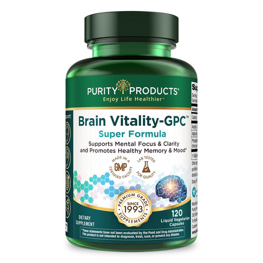 Purity Products Brain Vitality bottle front with focus support emphasis