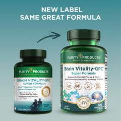 Purity Products Brain Vitality label closeup showcasing ingredients for mental clarity