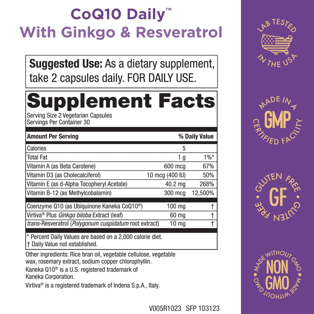 Purity Products capsules beside the label showing Kaneka Q10 for bioavailable energy