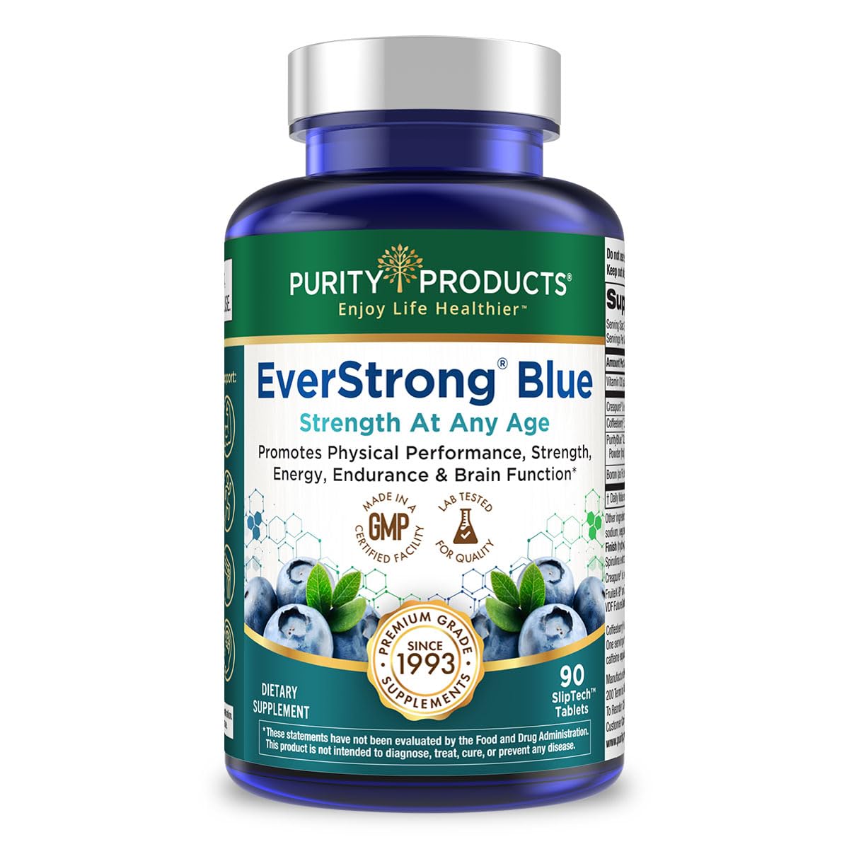 Purity Products EverStrong Blue bottle on a clean surface, signaling strength support.