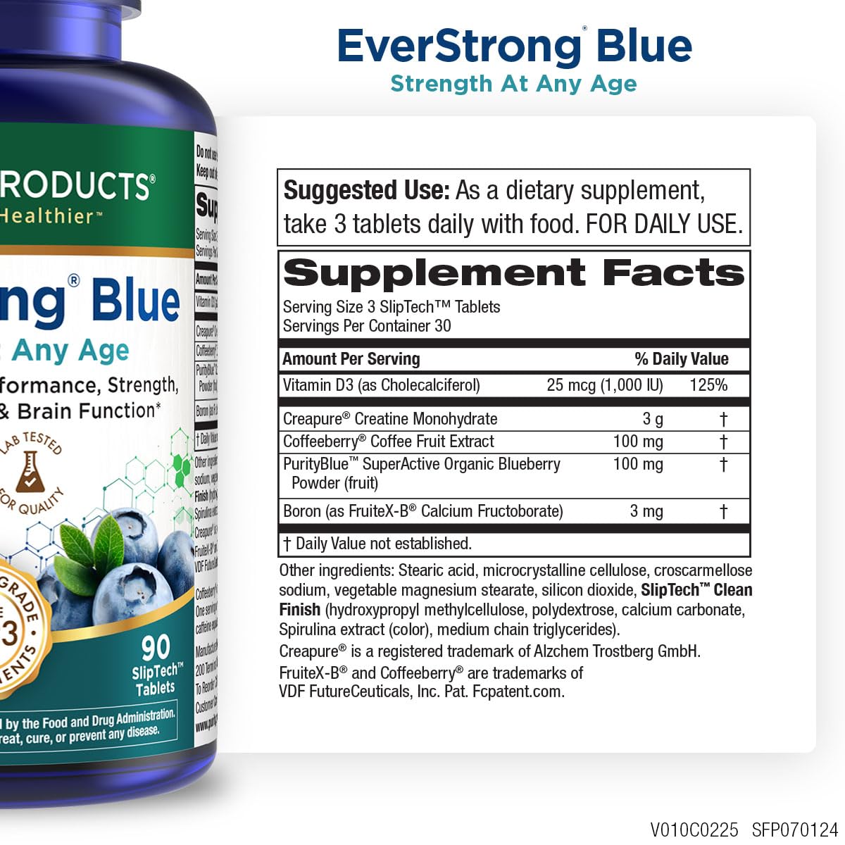 Close-up of EverStrong Blue label showing creatine monohydrate and brain-boost blend.