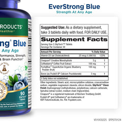 Close-up of EverStrong Blue label showing creatine monohydrate and brain-boost blend.