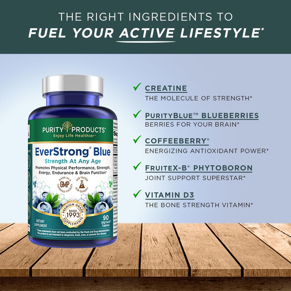 EverStrong Blue tablets neatly arranged, highlighting convenient daily supplementation.