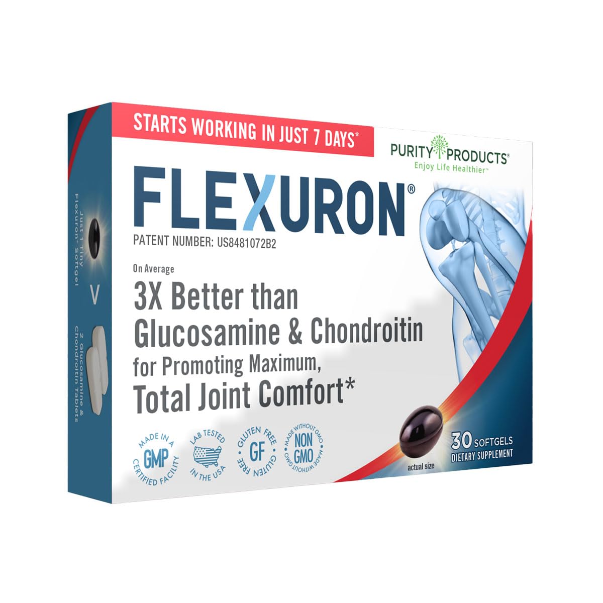 Purity Products Flexuron bottle front for daily joint support.