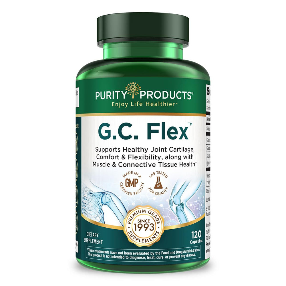 Purity Products G.C. Flex bottle showing the 90 capsules for joint support and flexibility