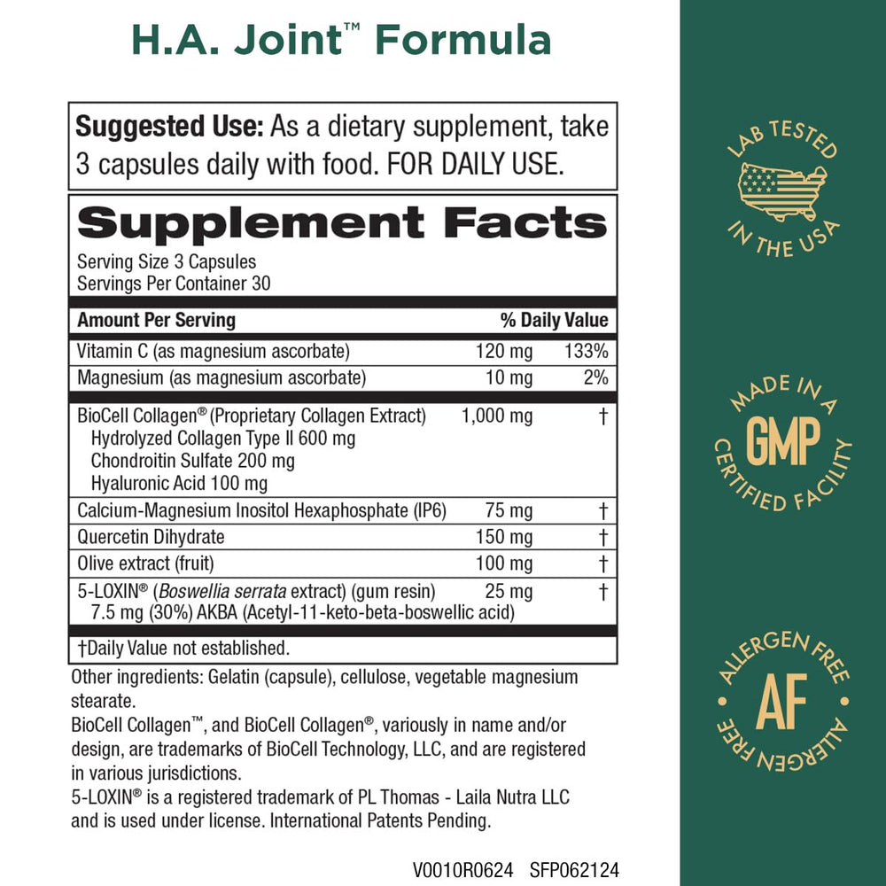 Purity Products HA Joint Formula capsules; convenient daily dose for mobility.