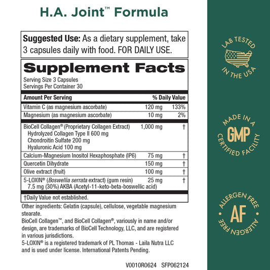 Purity Products HA Joint Formula capsules; convenient daily dose for mobility.