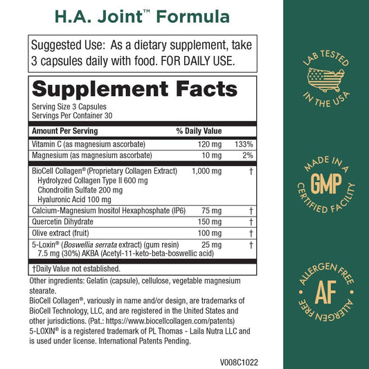 Purity Products HA Joint Formula capsules ready for daily use.