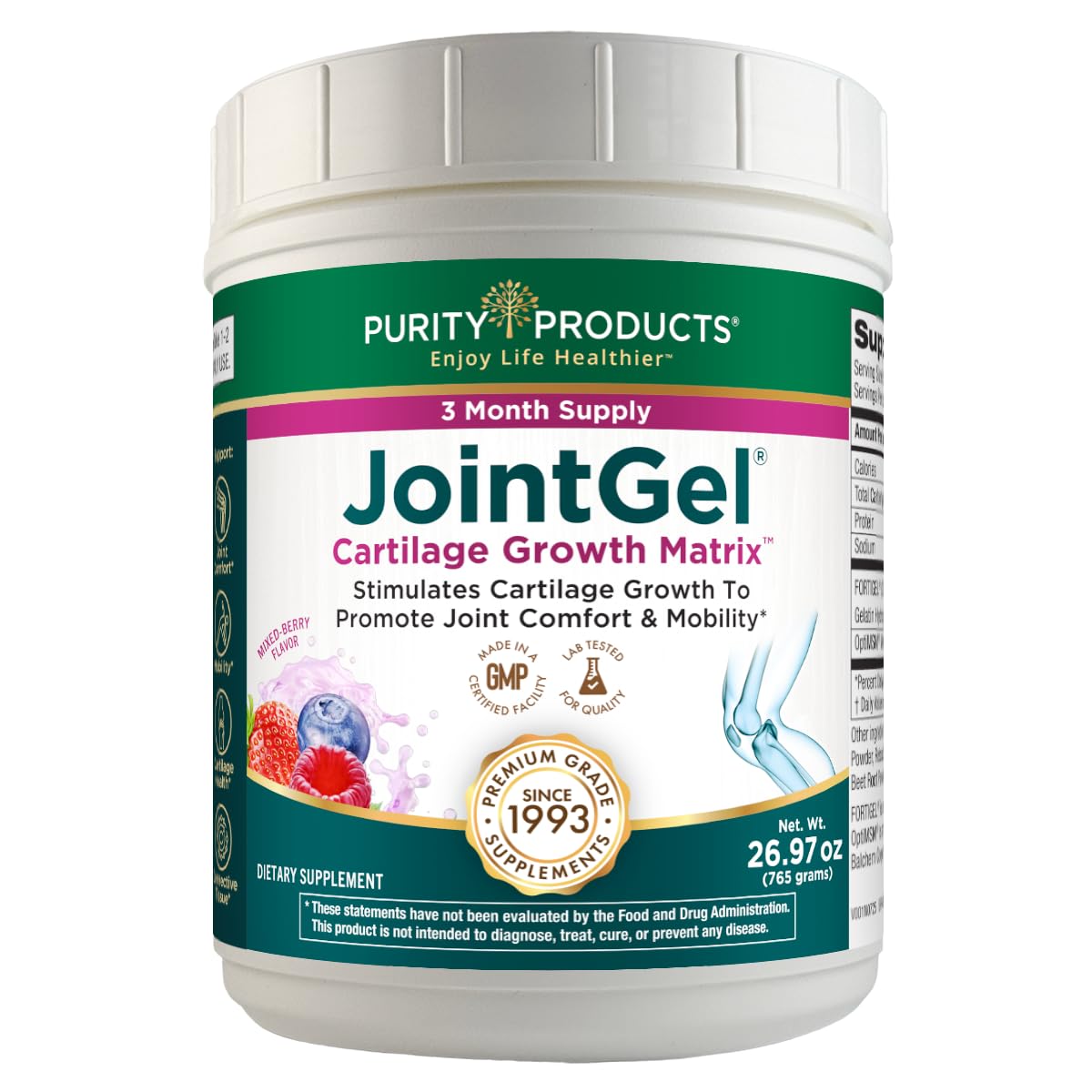 Purity Products JointGel bottle with berry powder label highlighting joint support