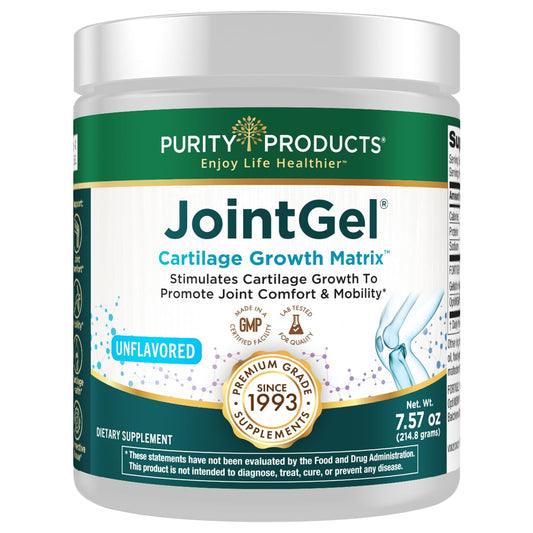 Purity Products JointGel bottle close-up highlighting collagen peptides for joint support.