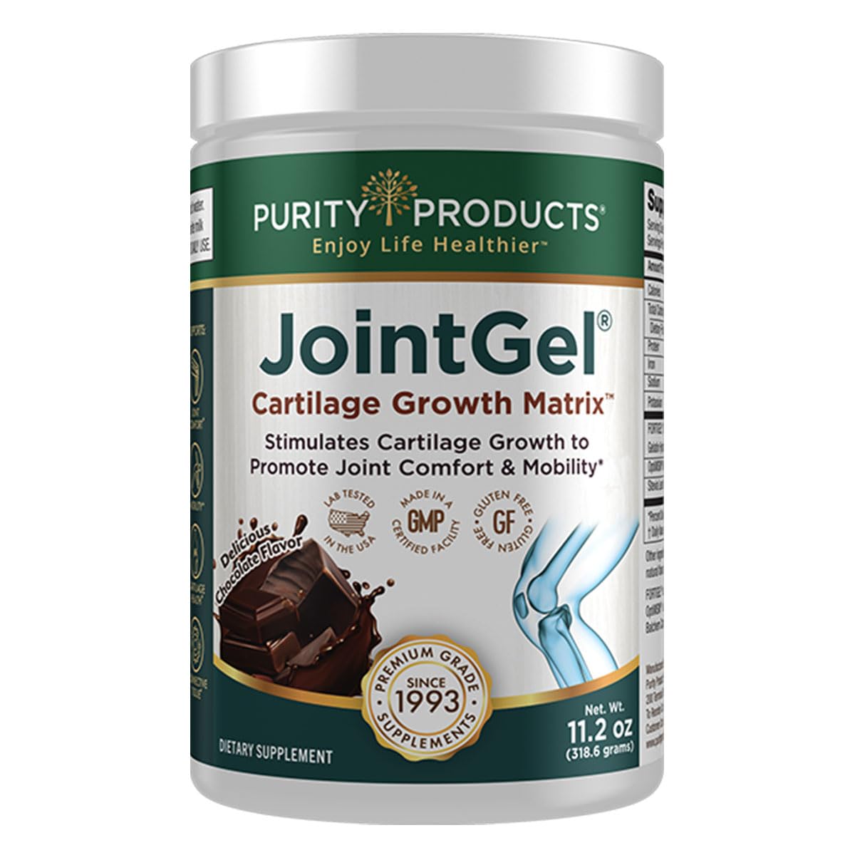 Purity Products JointGel bottle front view with chocolate flavor promotes daily joint support.