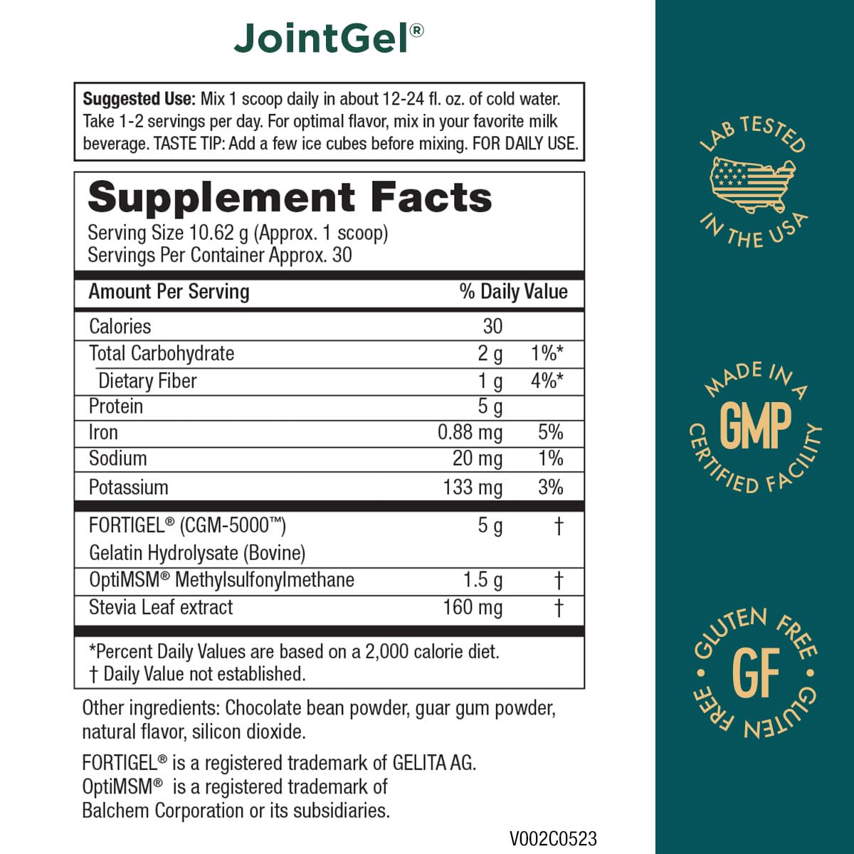 Purity Products JointGel canister close-up showing CGM-5000 collagen for cartilage health.