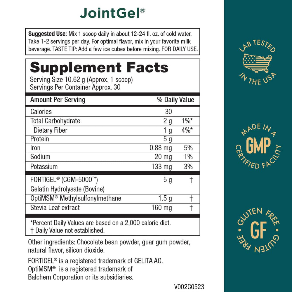 Purity Products JointGel canister close-up showing CGM-5000 collagen for cartilage health.