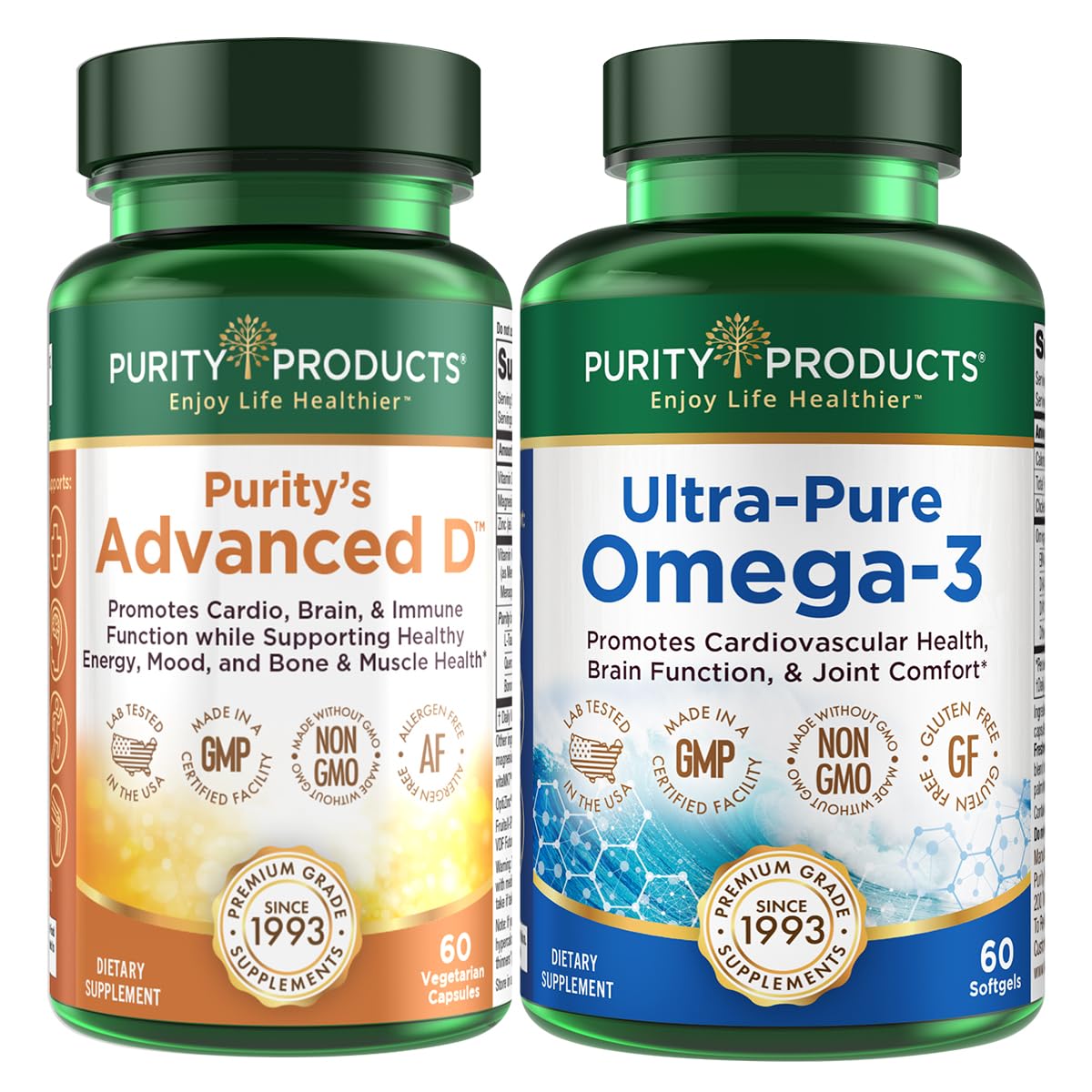 Purity Products kit Advanced D Omega-3 bottle shows high-purity oil for heart and brain support
