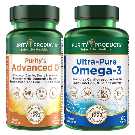 Purity Products kit Advanced D Omega-3 bottle shows high-purity oil for heart and brain support