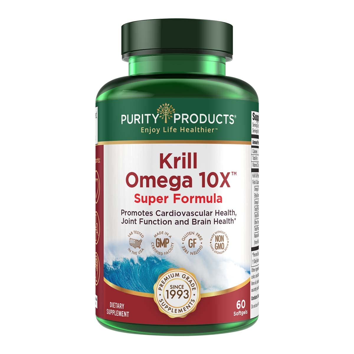 Purity Products Krill Omega-3 bottle front view highlights premium formula for overall wellness.