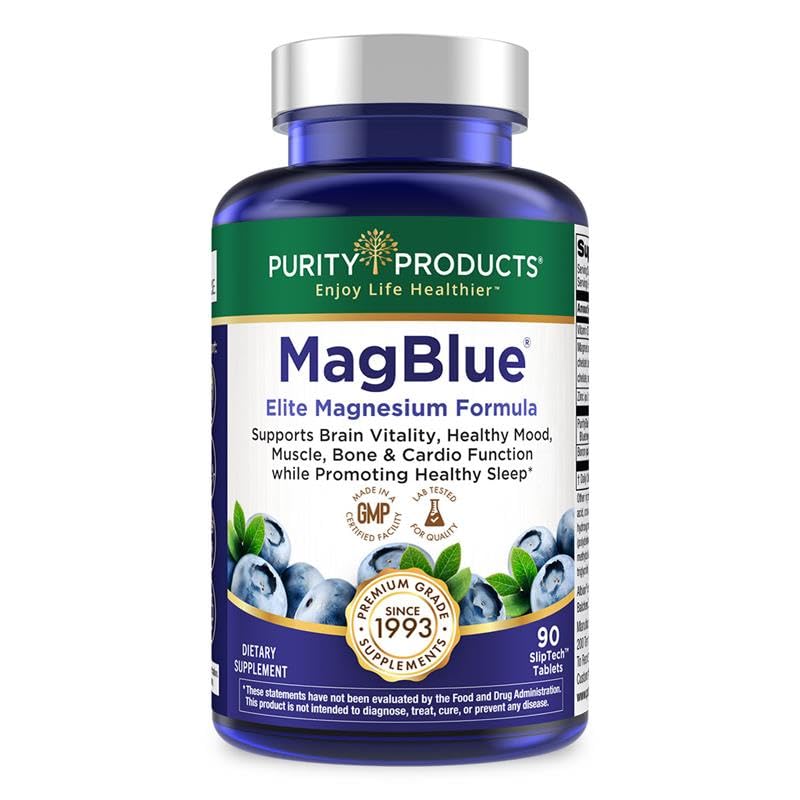 Purity Products MagBlue bottle front view showing magnesium bisglycinate for daily calm support