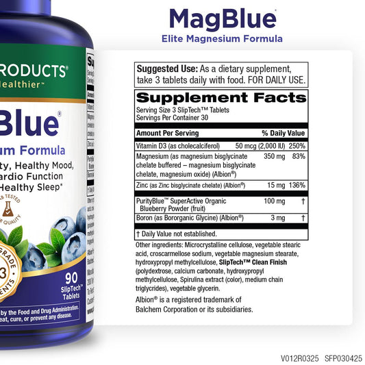 Close-up of MagBlue tablets emphasizing chelated magnesium for enhanced absorption