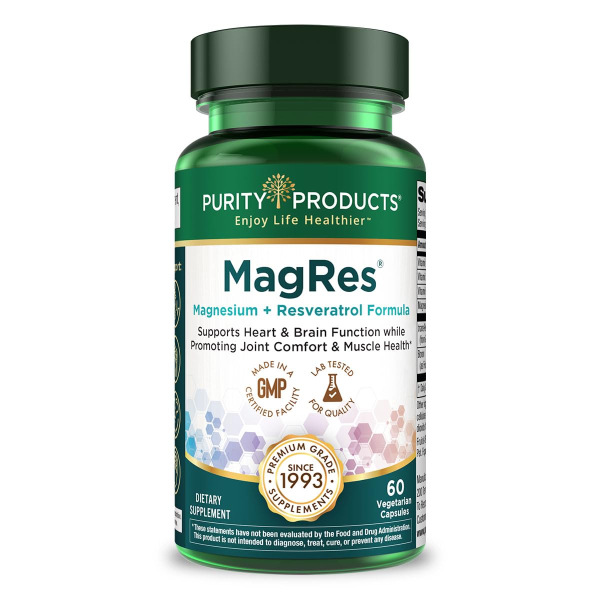 Purity Products MagRes bottle front showing magnesium-resveratrol blend for daily energy and joint support