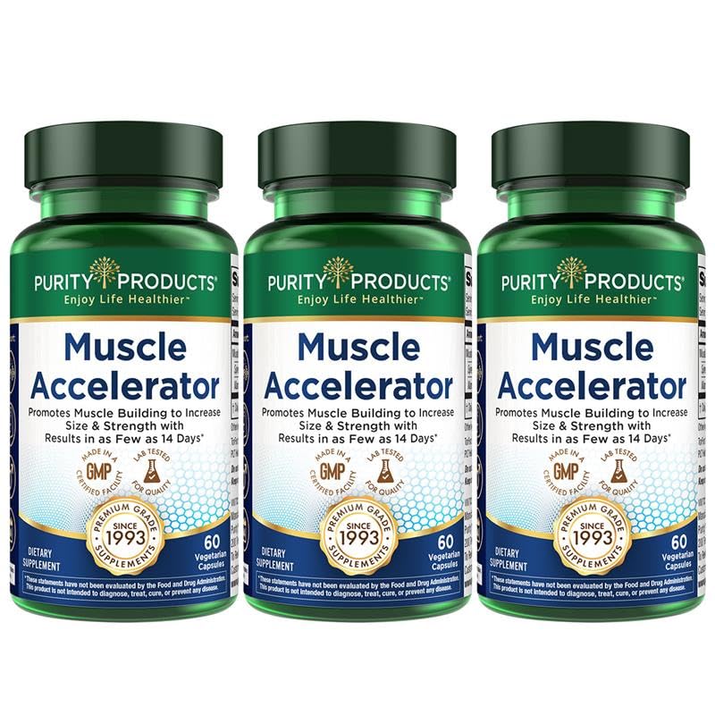 Purity Products Muscle Accelerator 650mg bottle shown for strong workouts.