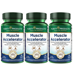 Purity Products Muscle Accelerator 650mg bottle shown for strong workouts.