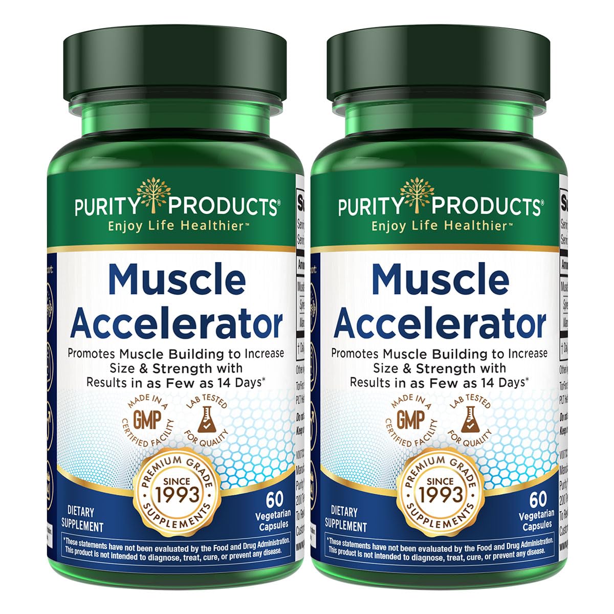 Purity Products Muscle Accelerator bottle on gym shelf signaling strength support