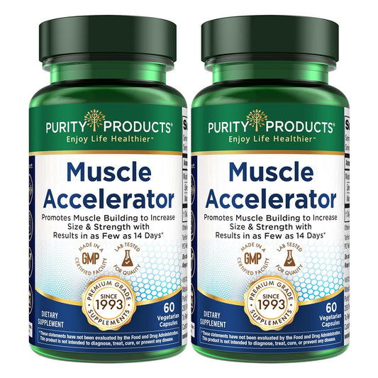 Purity Products Muscle Accelerator bottle on gym shelf signaling strength support