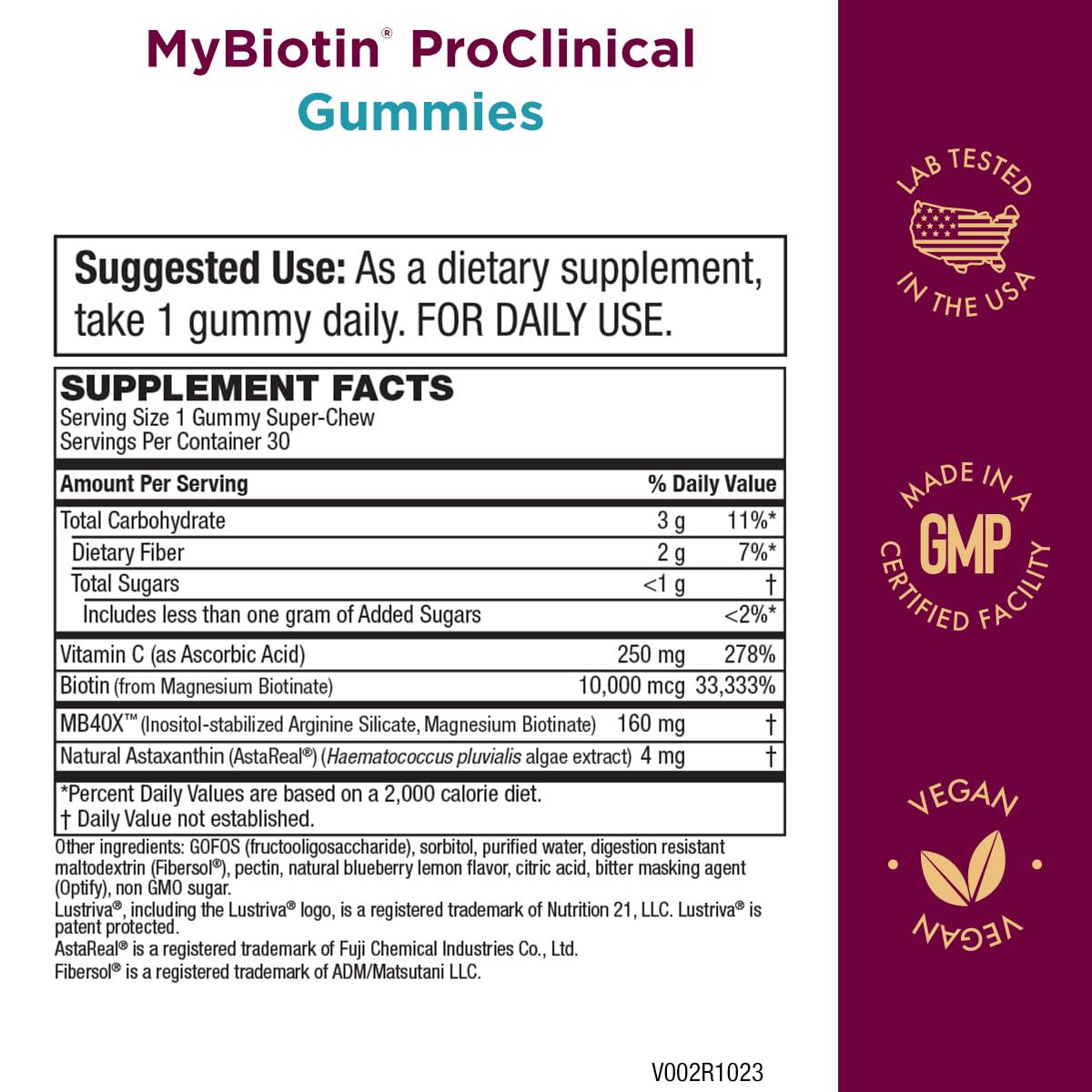 Purity Products MyBiotin ProClinical gummies with blueberry-lemonade flavor for tasty daily use.