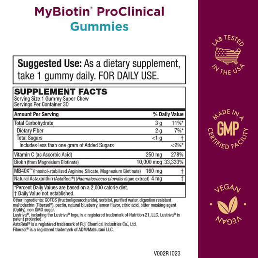 Purity Products MyBiotin ProClinical gummies with blueberry-lemonade flavor for tasty daily use.