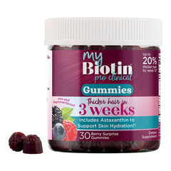 Purity Products MyBiotin ProClinical gummies bottle front for convenient daily hair and skin support.