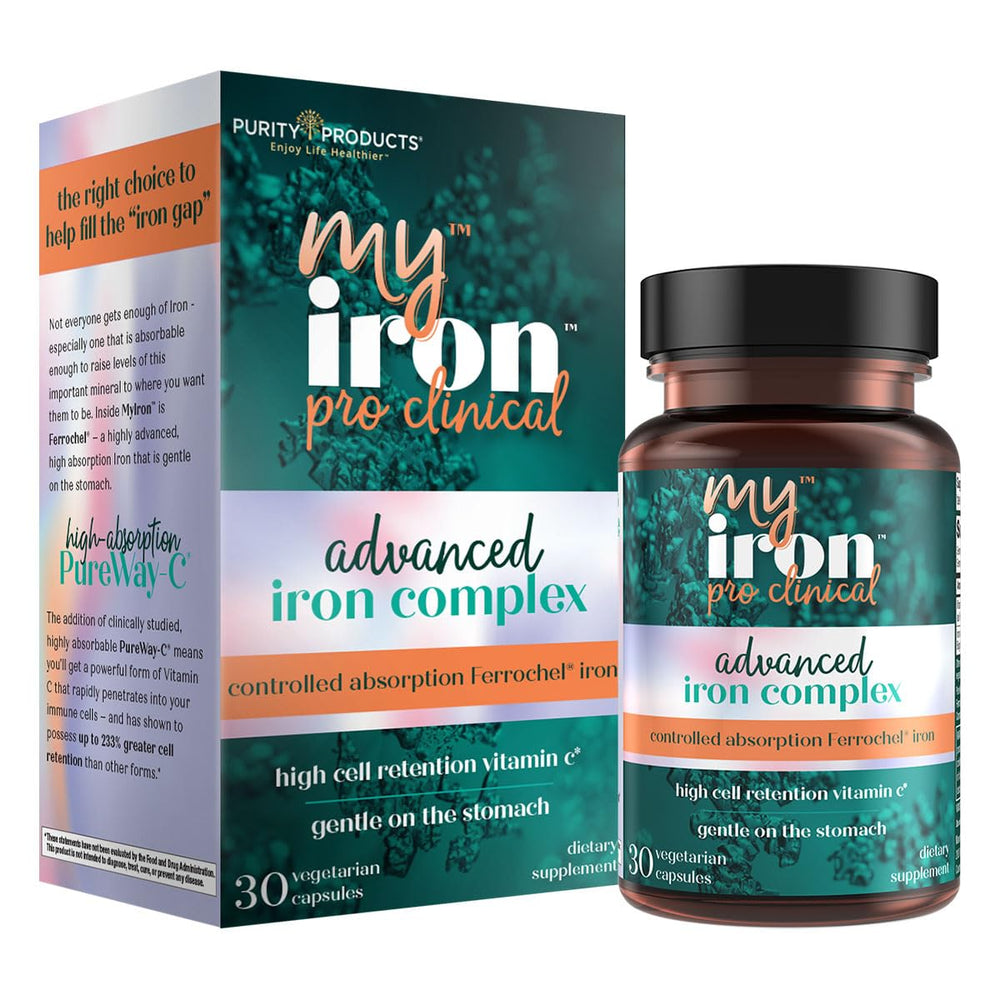Purity Products MyIron ProClinical bottle label shows gentle iron delivery for daily support.