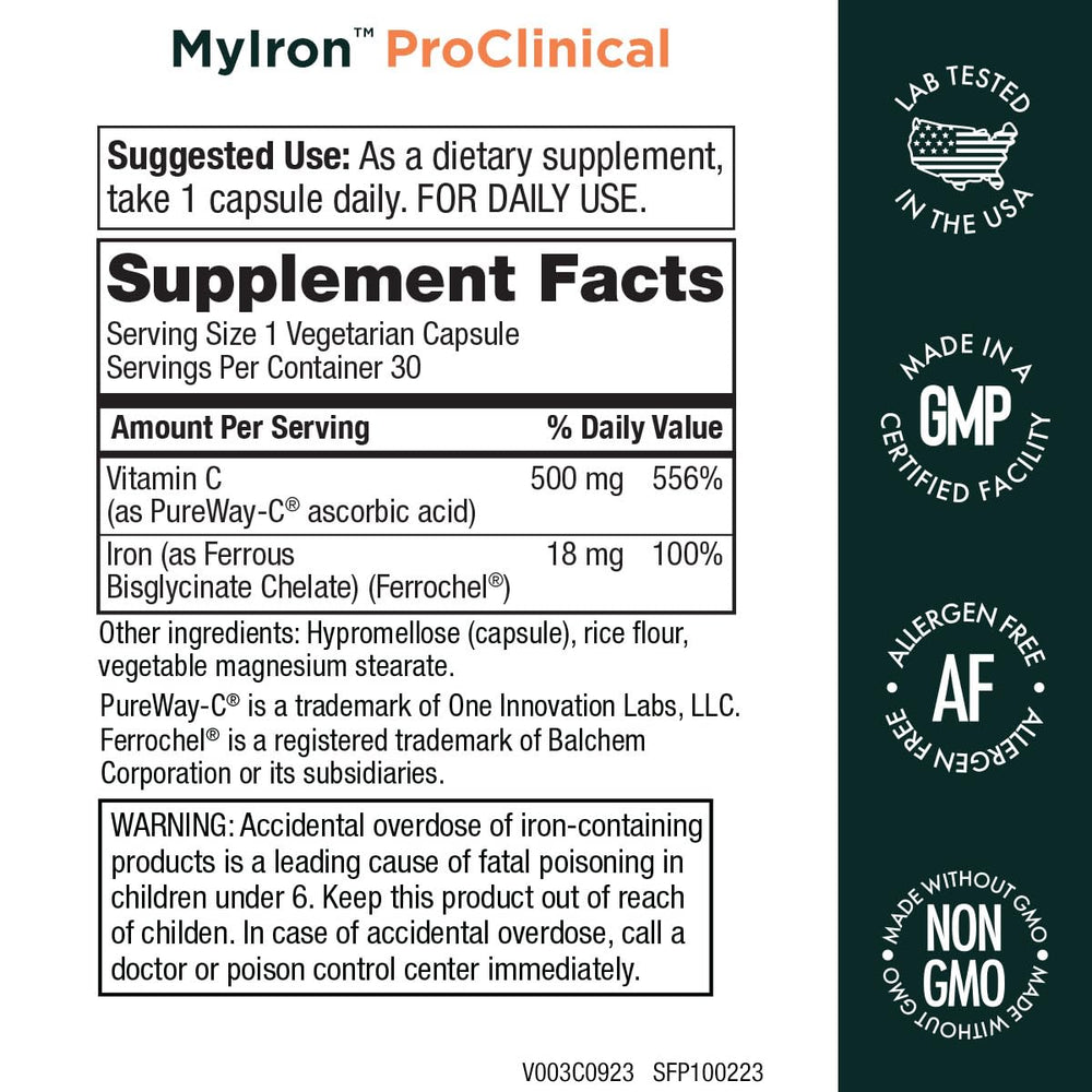 Purity Products MyIron ProClinical tablets closeup highlighting bisglycinate chelate form.