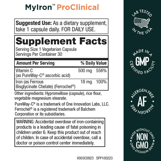 Purity Products MyIron ProClinical tablets closeup highlighting bisglycinate chelate form.