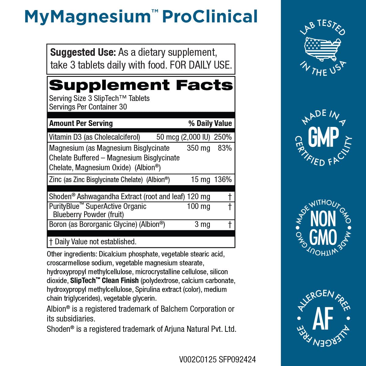 Purity Products MyMagnesium ProClinical bottle label emphasizes allergen-free, GMO-free formulation.