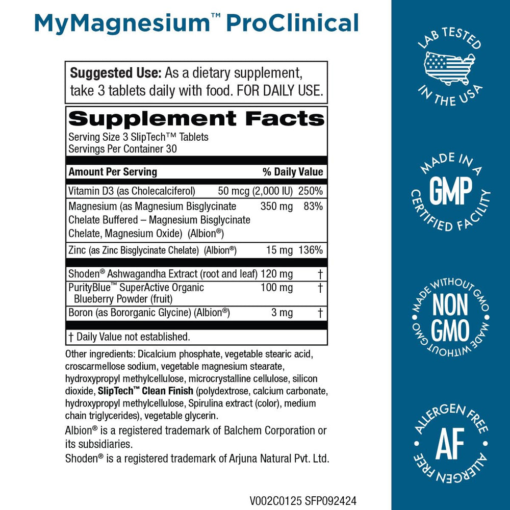 Purity Products MyMagnesium ProClinical bottle label emphasizes allergen-free, GMO-free formulation.