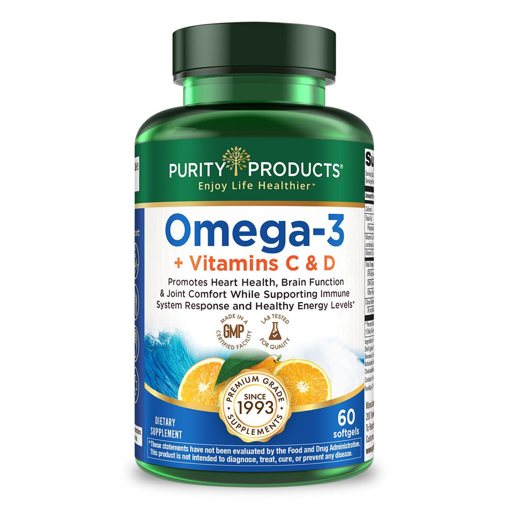 Purity Products Omega-3 Plus Vitamin C & D bottle front supports daily heart and immune wellness.