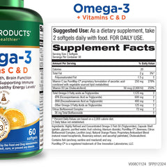 Purity Products Omega-3 Plus Vitamin C & D softgels closeup for convenient daily wellness.