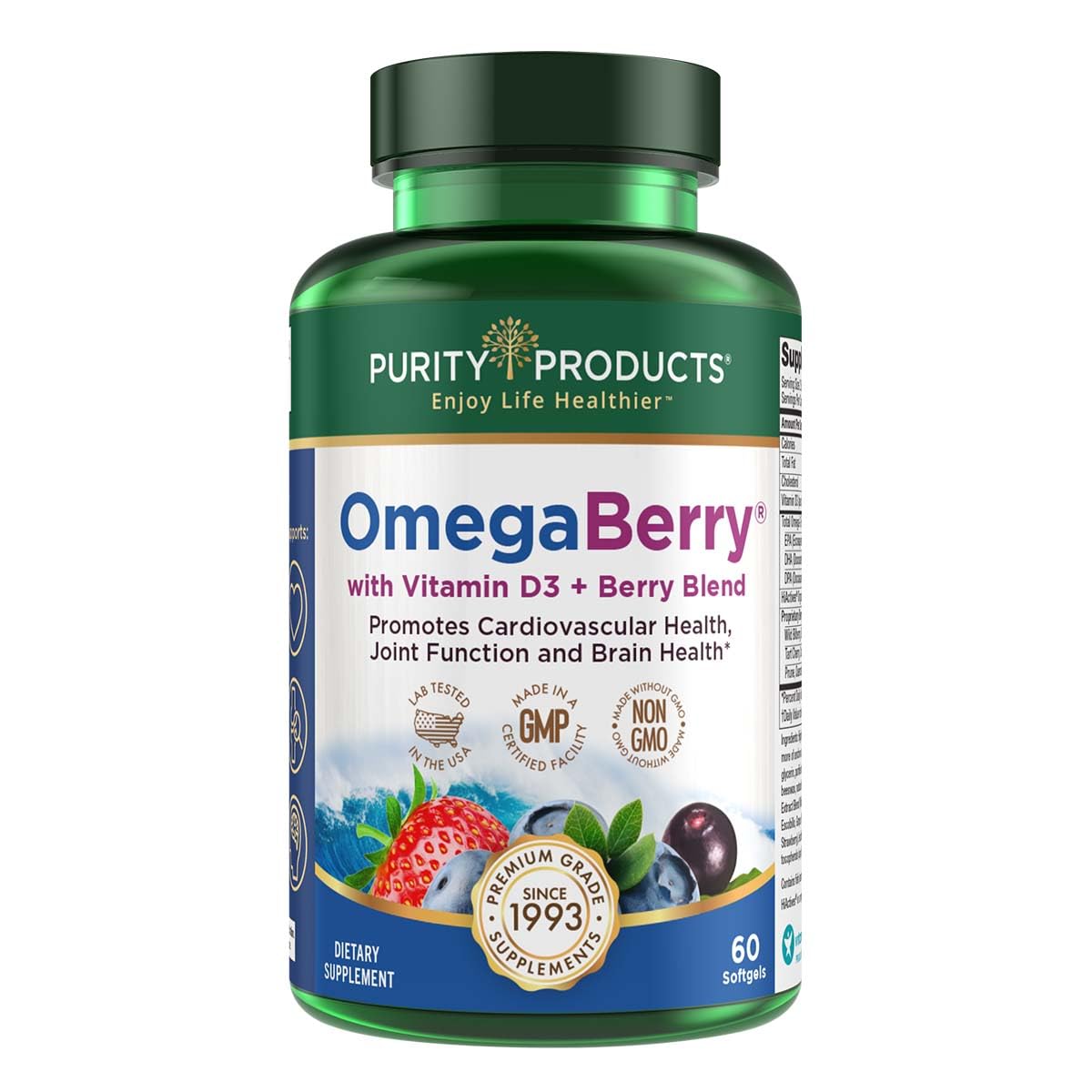Purity Products OmegaBerry bottle front with berry flavor for daily omega-3 support