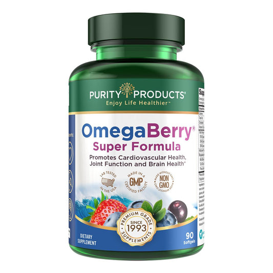 Purity Products OmegaBerry bottle front highlighting ultra-pure omega-3 formula.