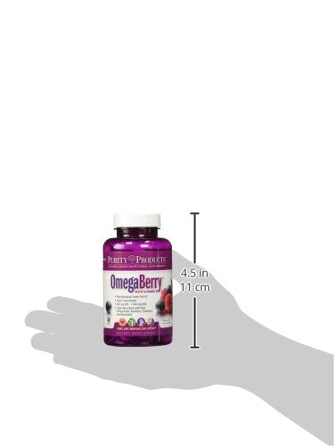 Purity Products OmegaBerry product shot with glass of water implying daily use