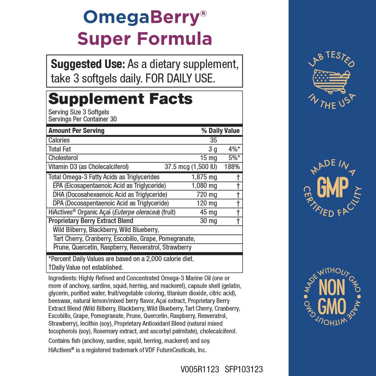 OmegaBerry softgels close-up with berry flavor for daily use.