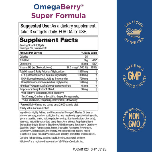 OmegaBerry softgels close-up with berry flavor for daily use.