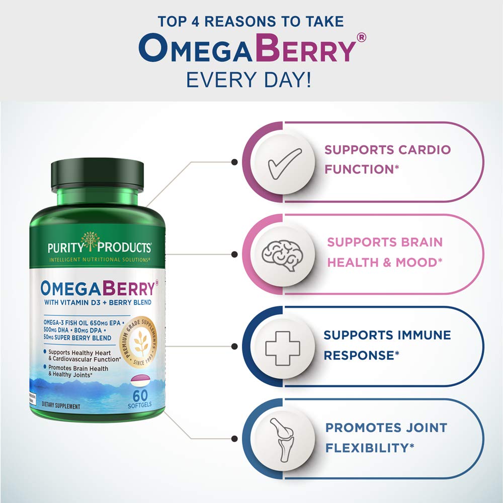 Purity Products OmegaBerry bottle highlights 1000 IU vitamin D3 for daily balance