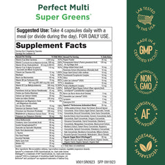 Purity Products Perfect Multi Super Greens bottle label close-up highlighting nutrients
